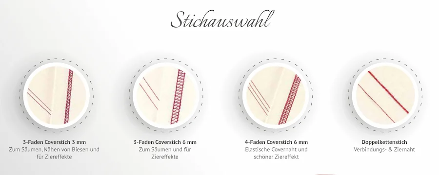 Baby Lock Euphoria Stichübersicht mit 3-Faden Coverstich 4-Faden Coverstich und Doppelkettenstich