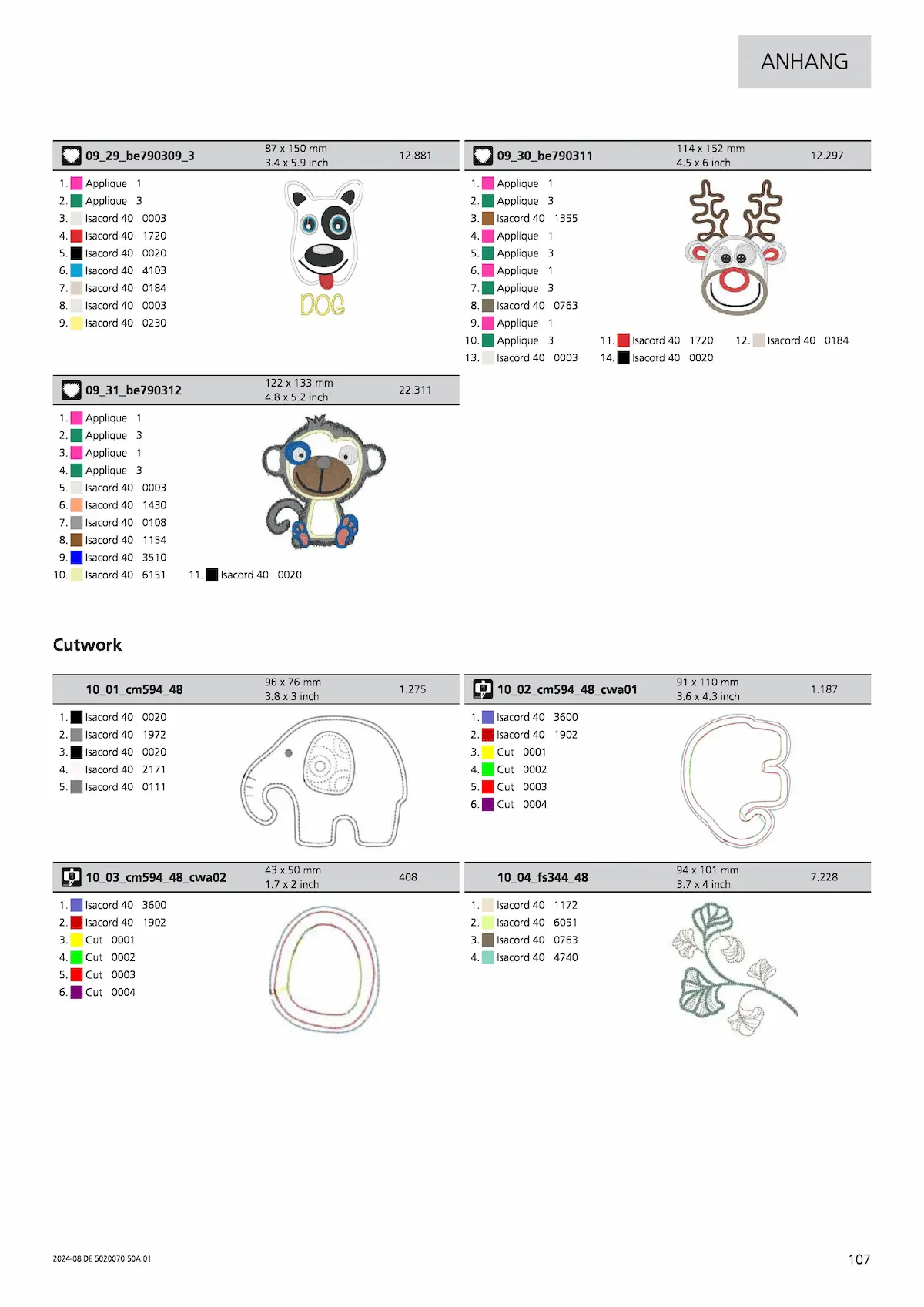 Bernette B70 DECO Stickmuster-Übersicht mit Tiermotiven und CutWork-Motiven
