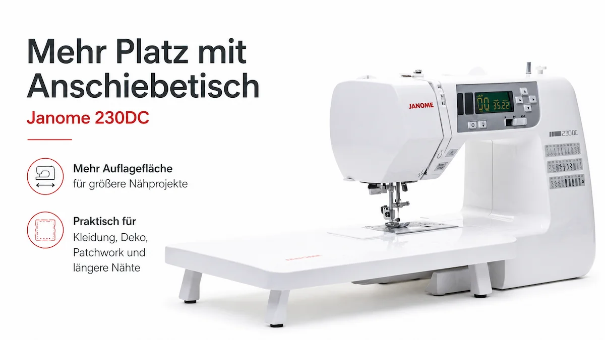 Janome 230DC Computernähmaschine mit großem Anschiebetisch für mehr Auflagefläche