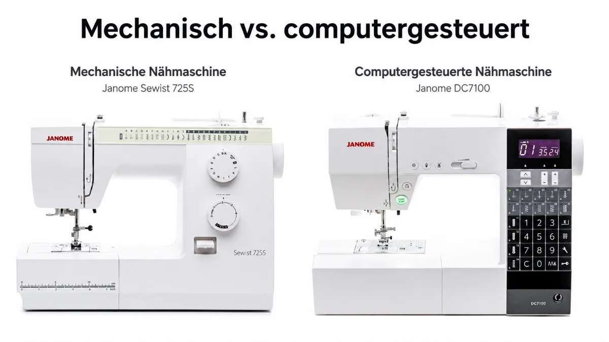 Mechanische Janome Nähmaschine mit Drehreglern im Vergleich zu computergesteuerter Janome Nähmaschine mit Display und Tasten