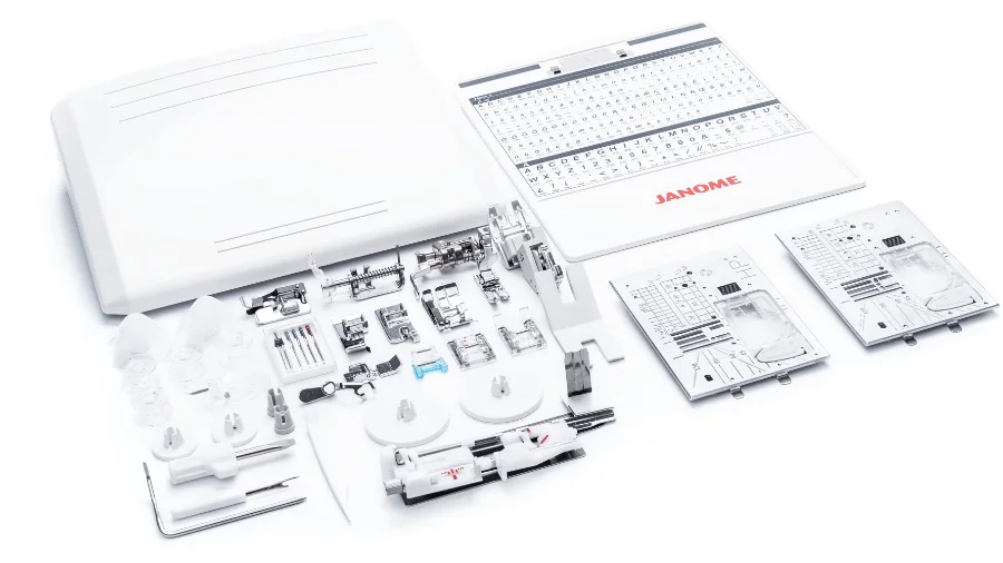 Lieferumfang der Janome Memory Craft 6700P mit Anschiebetisch, Stichplatten, Nähfüßen und Zubehör